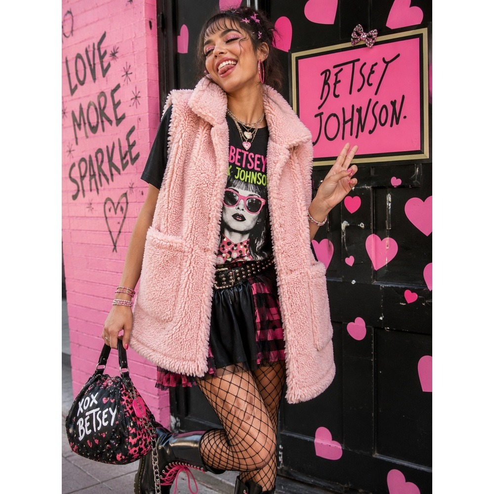 Betsey Johnson Pink Faux Fur Teddy Vest Longline Sherpa Pockets XS/S RN98072